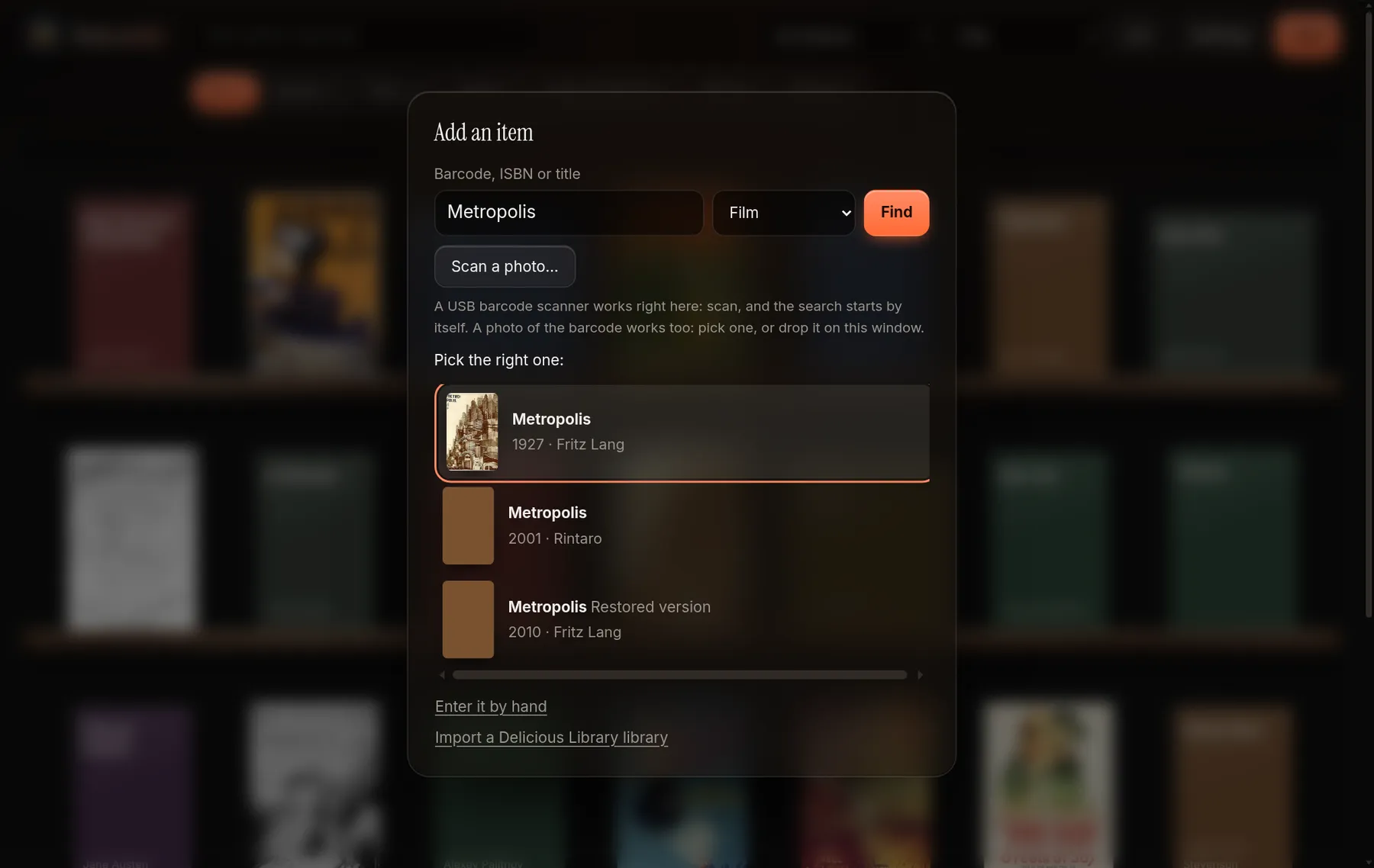 The add dialog in Delectable: a title typed in the search field and three results to pick from, the first with its poster